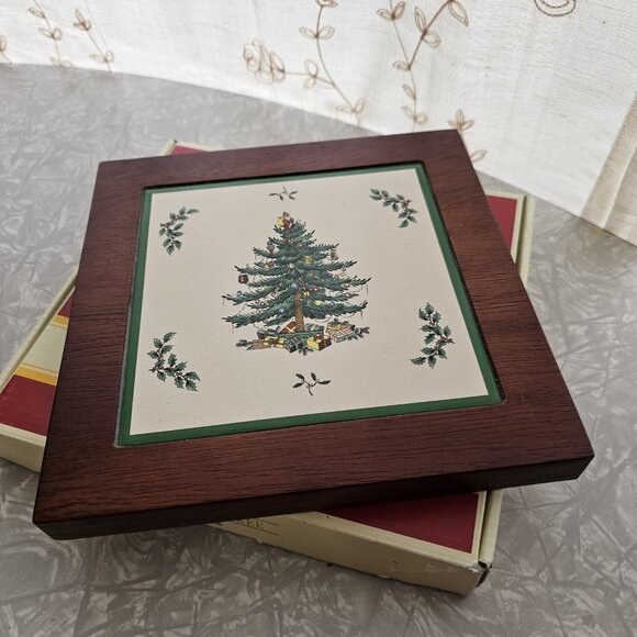 Spode Christmas Tree Tile and Wood Trivet 8" square original box vintage - Picture 2 of 14